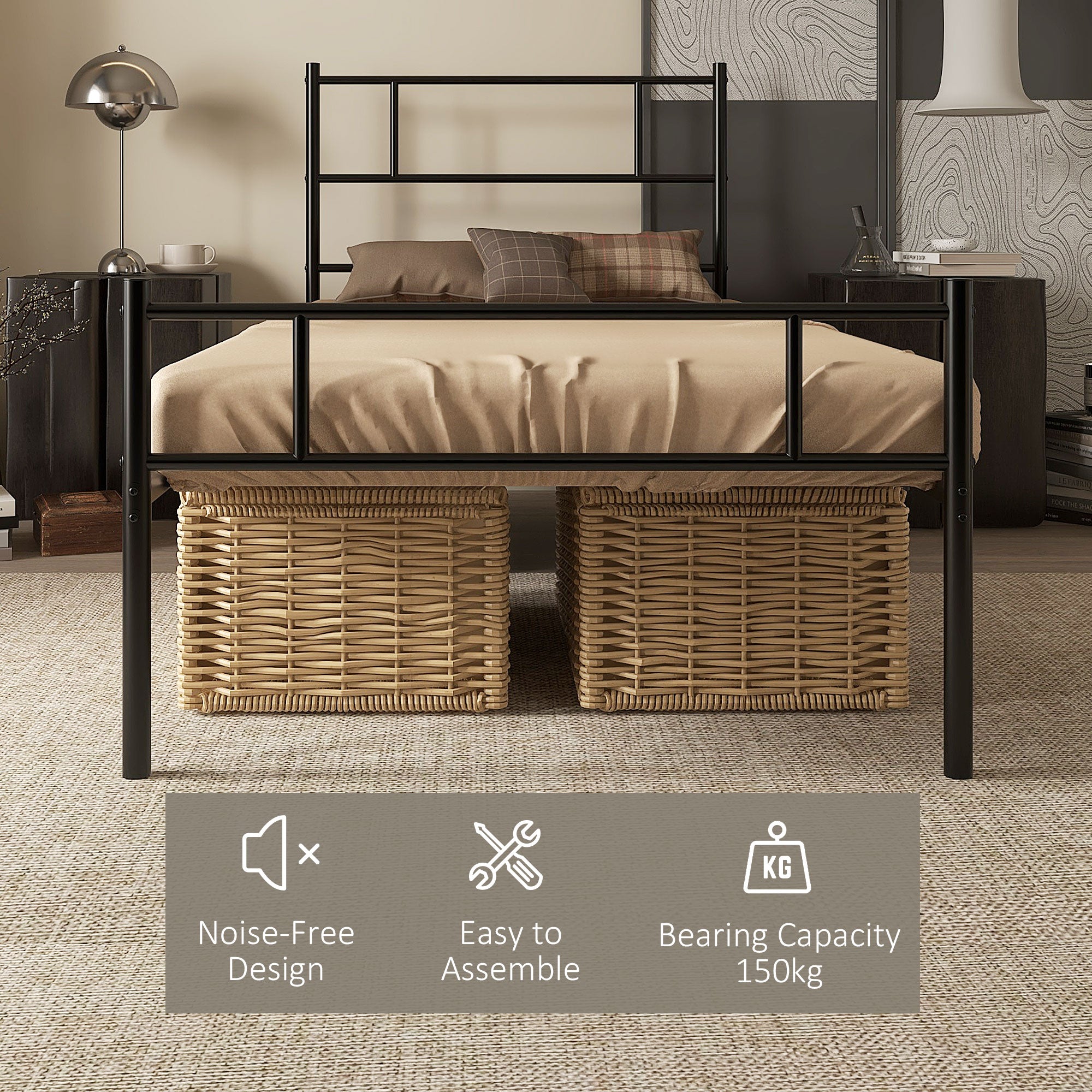 HOMCOM Single Metal Bed Frame Solid Bedstead Base with Headboard and Footboard, Metal Slat Support and Underbed Storage Space, Bedroom Furniture, Black 