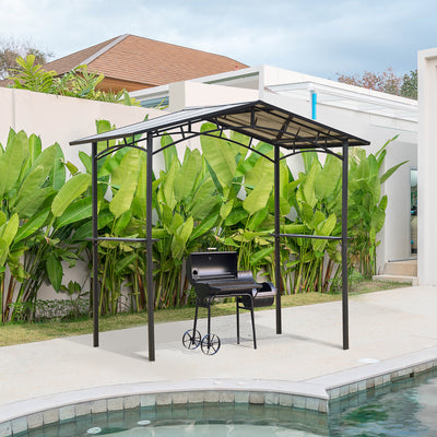 Outsunny 8ft x 5ft Outdoor BBQ Protective Gazebo Tent Aluminium Steel Frame w/ 2 Shelves Hardtop Roof Canopy Ground Stakes Safe Cooking 