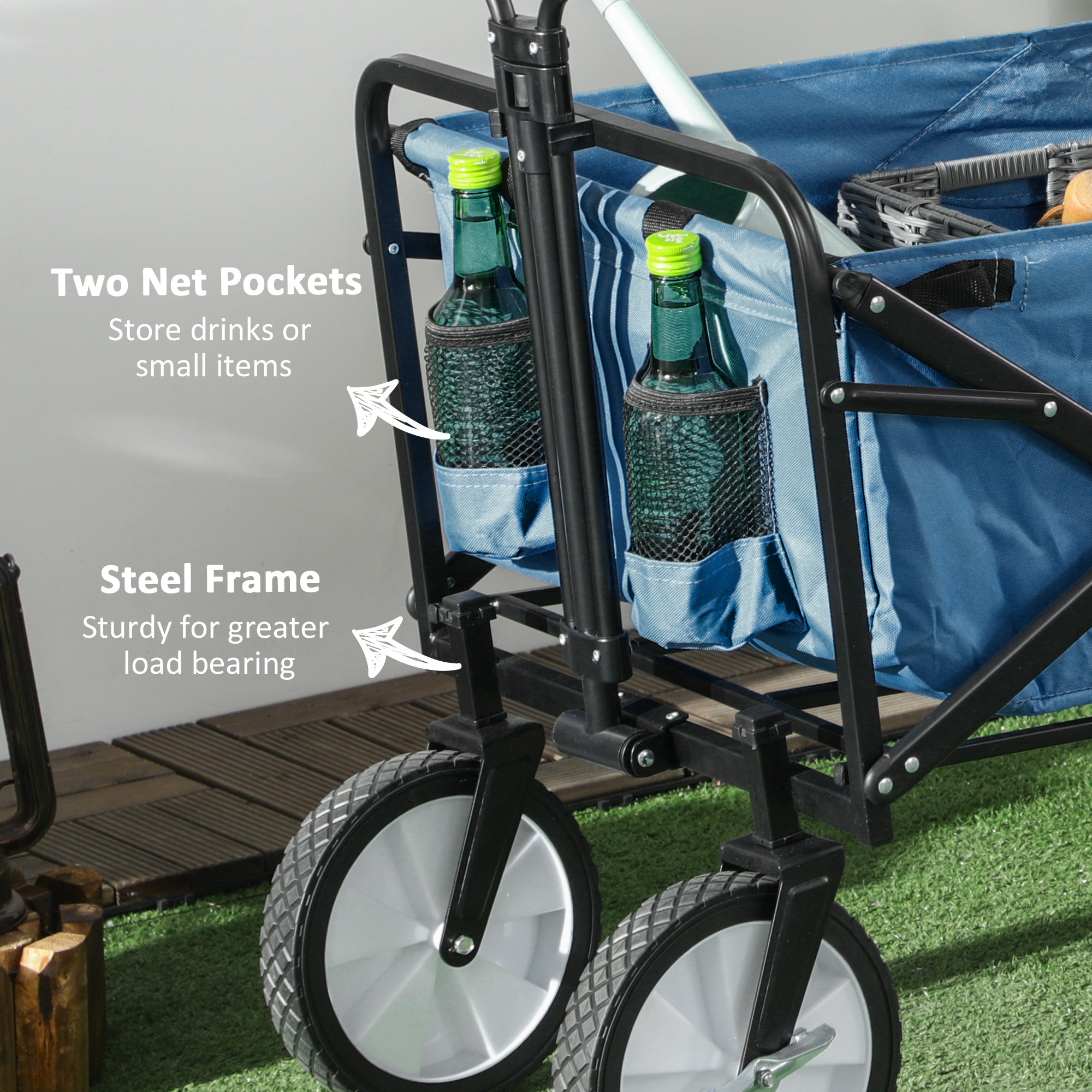 Outsunny 90L Folding Garden Trolley Cart Pull Along Wagon with Telescopic Handle for Beach Camping Festival - Navy Blue 