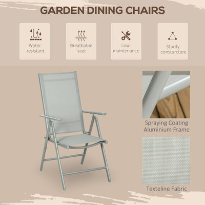 Outsunny 7 Piece Garden Dining Set, Outdoor Table and 6 Folding and Reclining Chairs, Aluminium Frame, Tempered Glass Top Table, Texteline Seats, Grey 