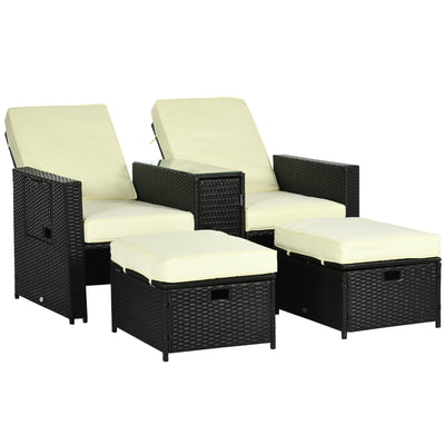 Outsunny 5PC PE Rattan Sun Lounger, Outdoor Wicker 5-level Adjustable Recliner Sofa Bed with Storage Side Table and Footstools, for Patio, Garden, Poolside, Black 