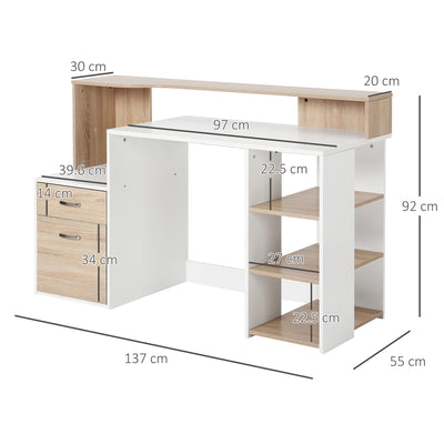 HOMCOM Computer Desk with Drawers and Storage Shelves, Reception Desk, Study Workstation for Home Office, 137 x 55 x 92cm, Oak and White 