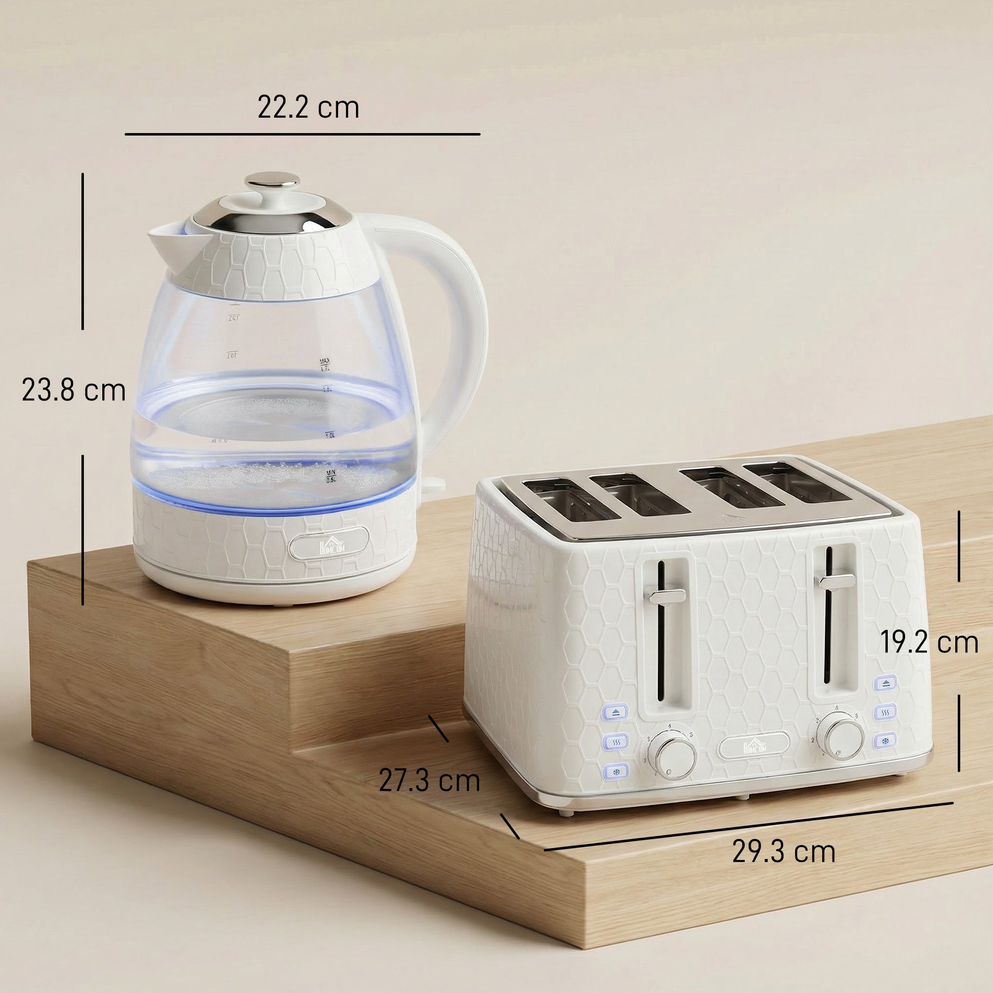 HOMCOM Kettle and Toaster Set, 1.7L 3000W Rapid Kettle with Strix Thermostat, 4 Slice Toaster with 7 Browning Controls, Cream 