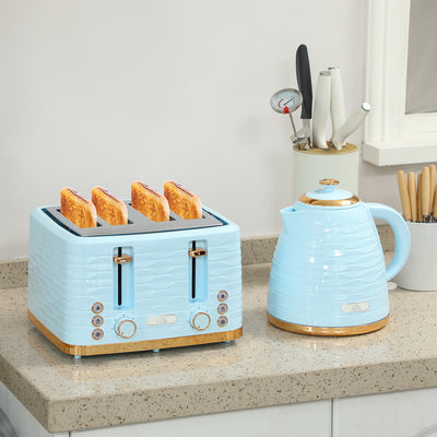 HOMCOM 3000W 1.7L Kettle & 4 Slice Toaster, Kettle and Toaster Set with 7 Browning Controls and Crumb Tray, Light Blue 