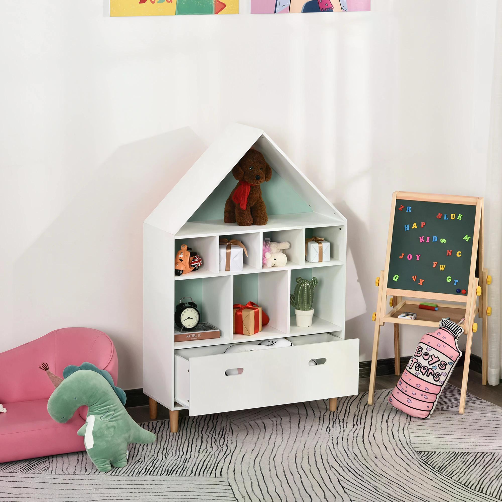 HOMCOM Kids House-Designed Bookshelf, with Drawer – Blue & White 