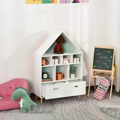 HOMCOM Kids House-Designed Bookshelf, with Drawer – Blue & White 