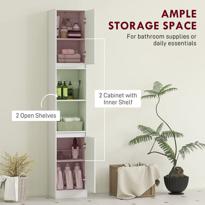 HOMCOM Narrow Bathroom Cabinet, Slim Bathroom Storage Unit with Open Compartment, Freestanding Storage Cupboard with Adjustable Shelves for Small Spaces, 30 x 24 x 170 cm, White 