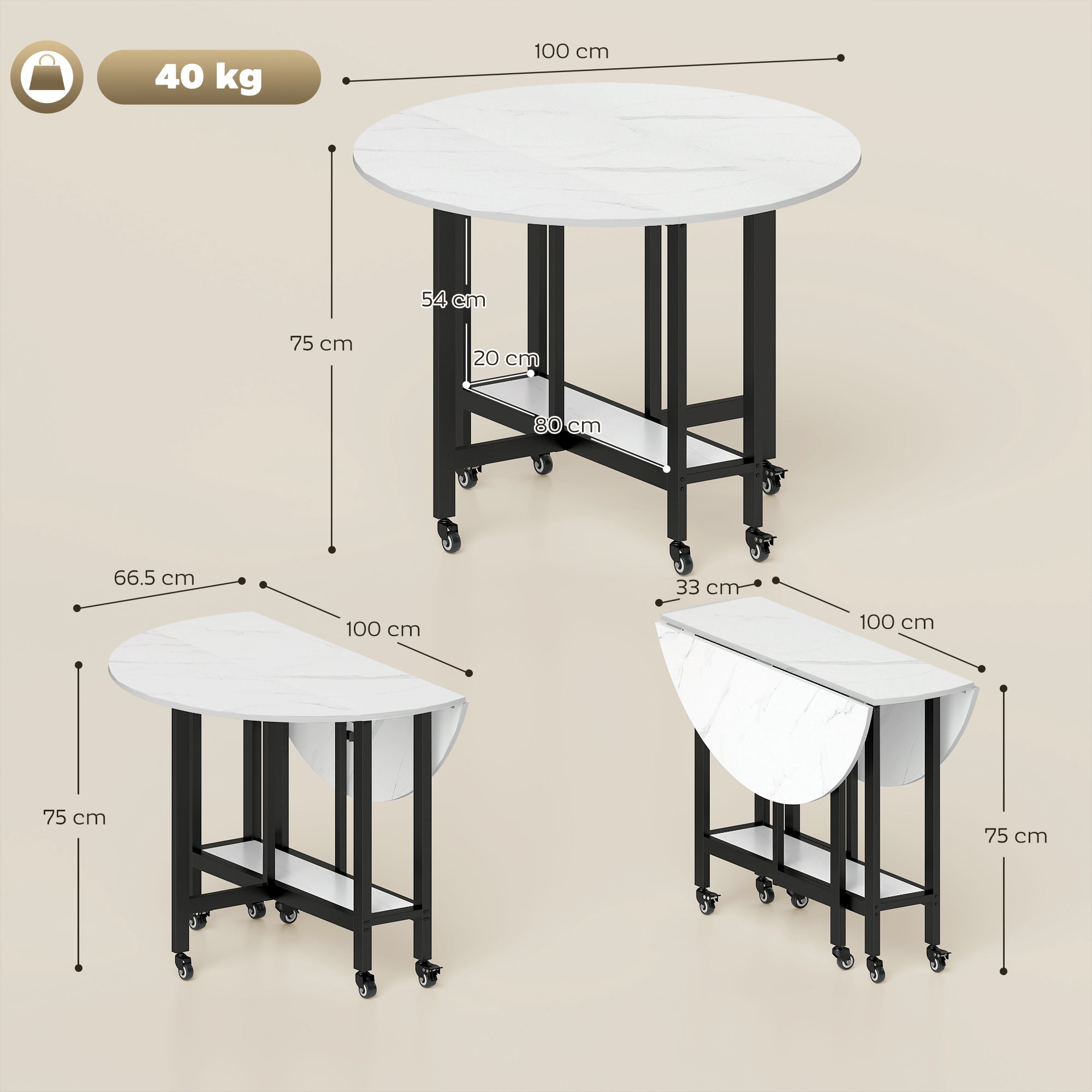 HOMCOM Folding Dining Table, Drop Leaf Table with Open Shelf, Rolling Kitchen Table for Dining Room, Small Spaces, White Marble 