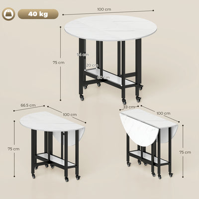 HOMCOM Folding Dining Table, Drop Leaf Table with Open Shelf, Rolling Kitchen Table for Dining Room, Small Spaces, White Marble 