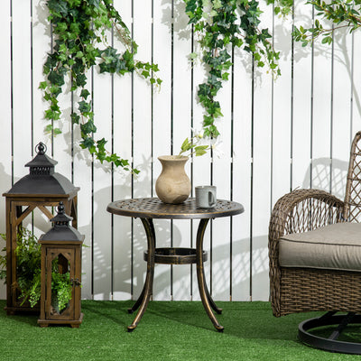 Outsunny 60cm Round Garden Table, Outdoor Hollow Top Design Side Table with Cast Aluminium Frame for Patio, Garden, Balcony, Bronze 