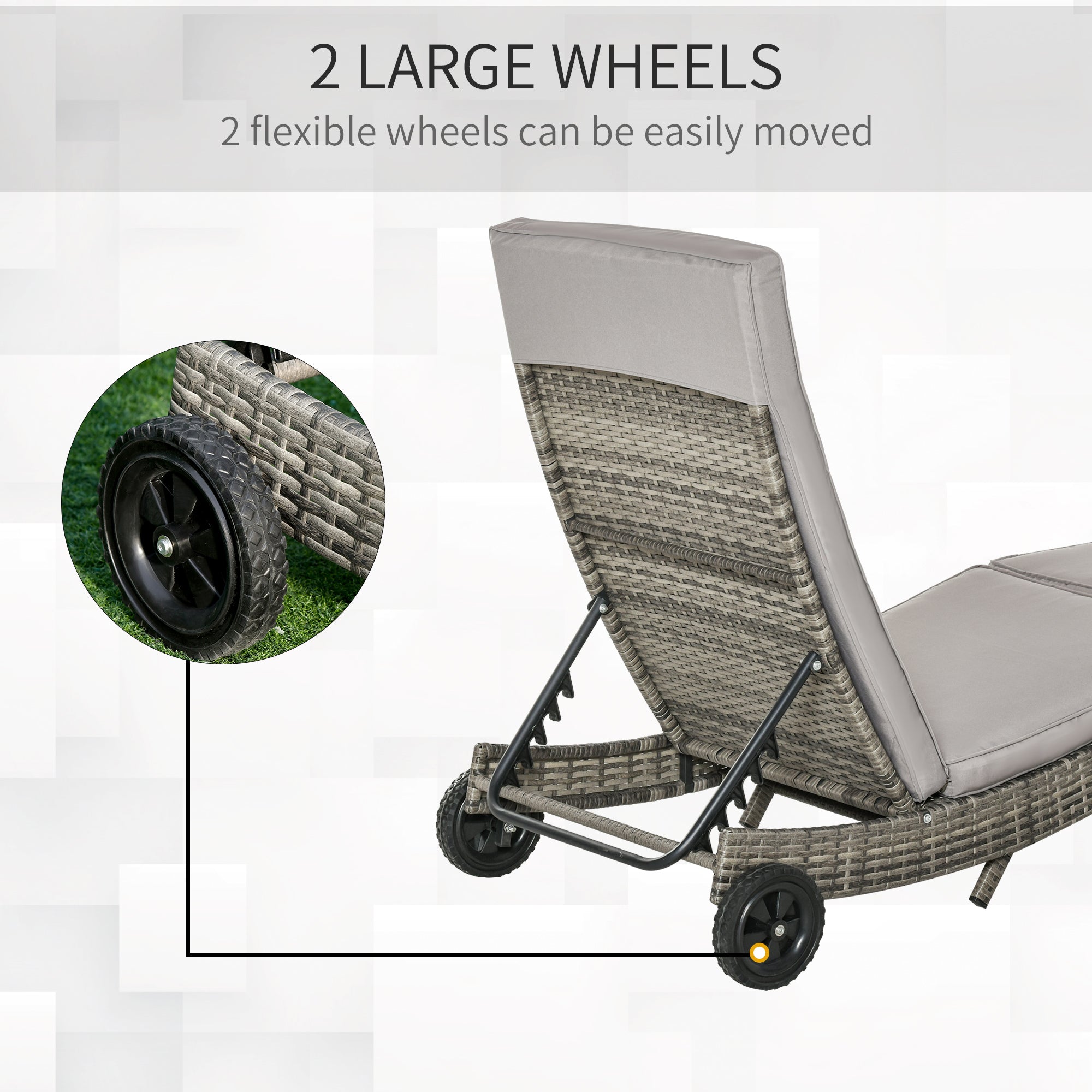 Outsunny Patio Wicker Chaise Lounge Chair, Outdoor PE Rattan Sun Lounger with Adjustable Backrest and 2 Wheels, Grey 