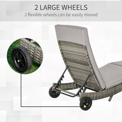 Outsunny Patio Wicker Chaise Lounge Chair, Outdoor PE Rattan Sun Lounger with Adjustable Backrest and 2 Wheels, Grey 