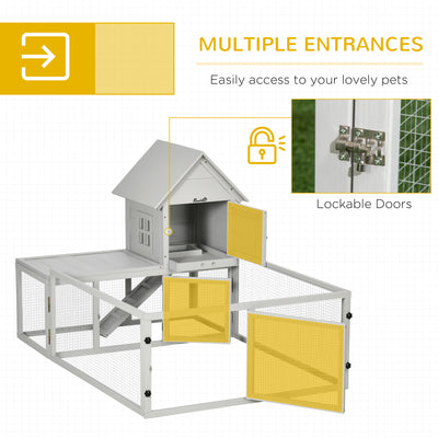 PawHut Indoor Rabbit Hutch, Guinea Pig Cage, with Slide-Out Tray, Large Fenced Area - Light Grey 