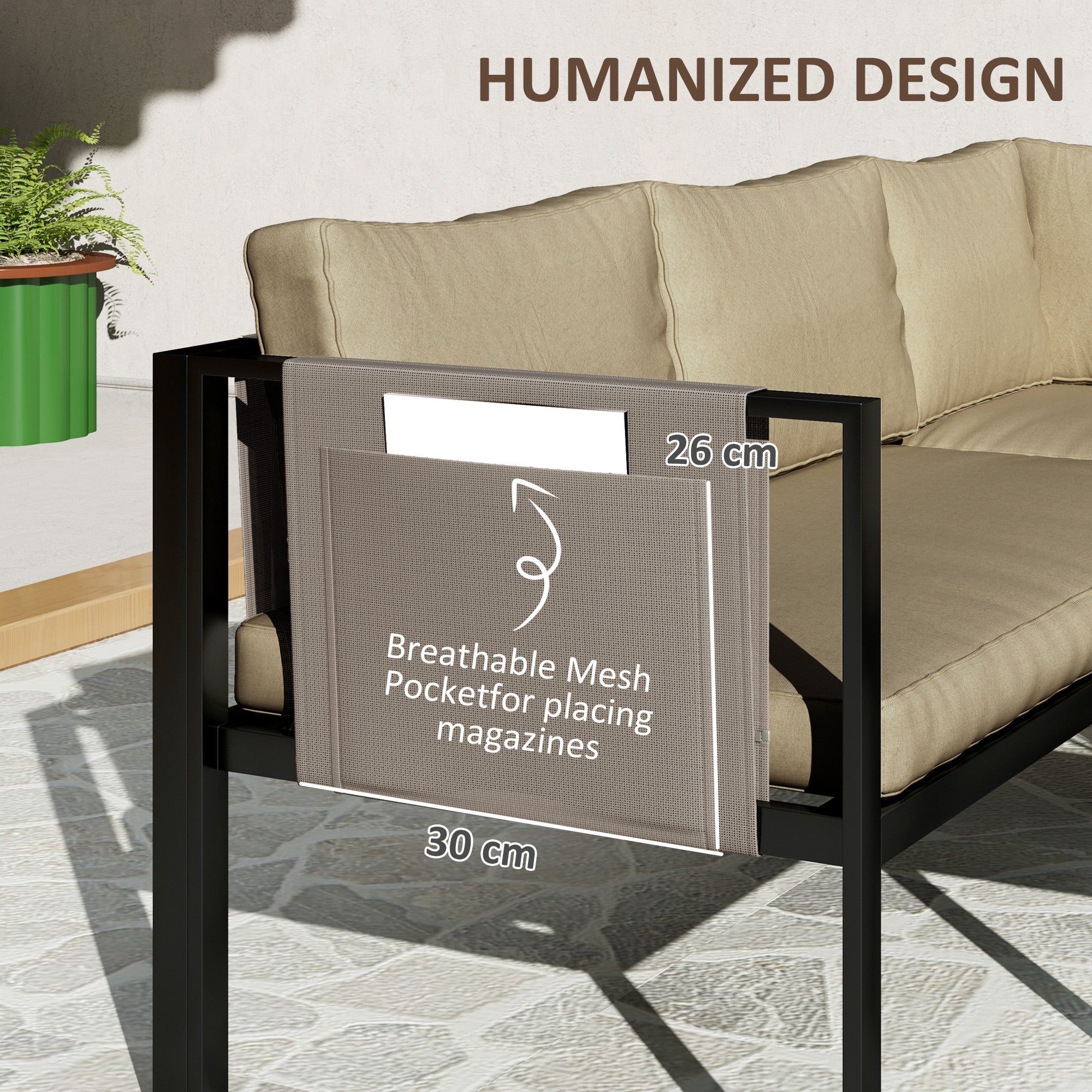 Outsunny 5 Seater Garden Corner Sofa Set, 4 Pieces Metal Garden Furniture Set with Loveseats, Glass Top Coffee Table, Breathable Mesh Pocket, Outdoor Conversation Furniture with Cushions, Khaki 