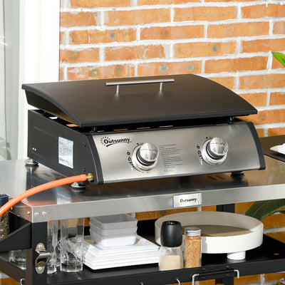 Outsunny Portable Tabletop Gas Plancha Grill w/ 2 Stainless Steel Burner, 10kW, Non-Stick Griddle for BBQ Camping Picnic Party 