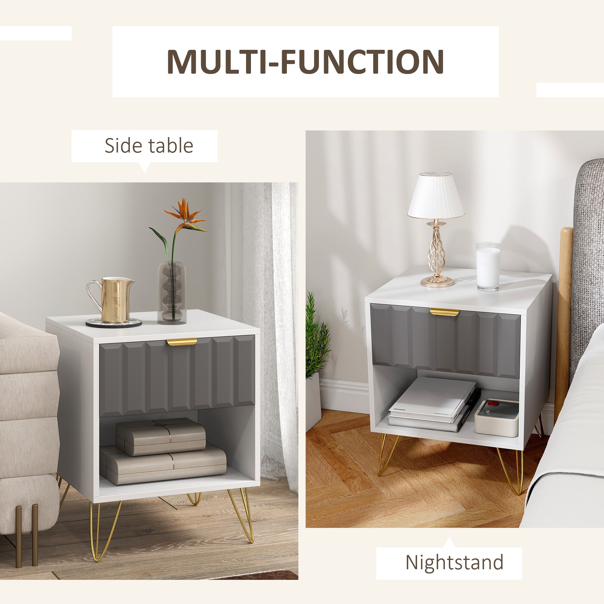 HOMCOM Bedside Table Modern Bedside Cabinet with Drawer and Open Compartment, 45 x 40 x 55, White 
