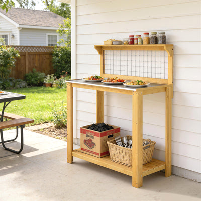 Outsunny Wooden Potting Bench Table with Aluminium Worktop, Outdoor Garden Workbench with 2 Shelves 