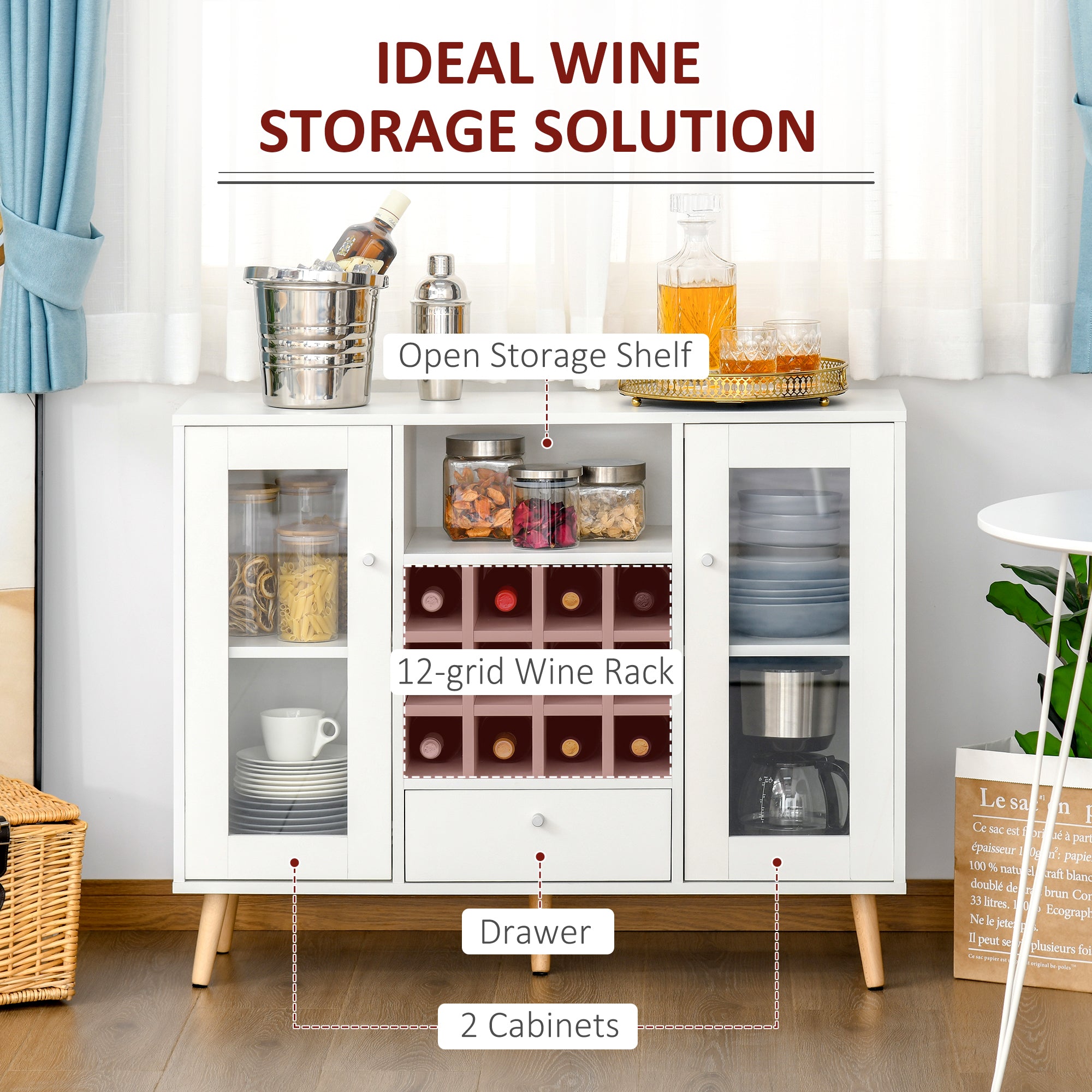 HOMCOM Modern Sideboard Storage Cabinet Kitchen Cupboard Dining Bar Server with Glass Doors, Drawer & 12-Bottle Wine Rack for Living Room, White 