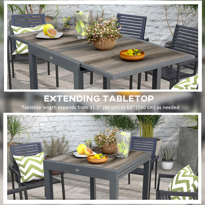 Outsunny Extending Garden Table, Outdoor Dining Table for 6, Aluminium Frame Rectangular Patio Table with Plastic Board Tabletop,80/160L x 80W x 75H cm, Grey 