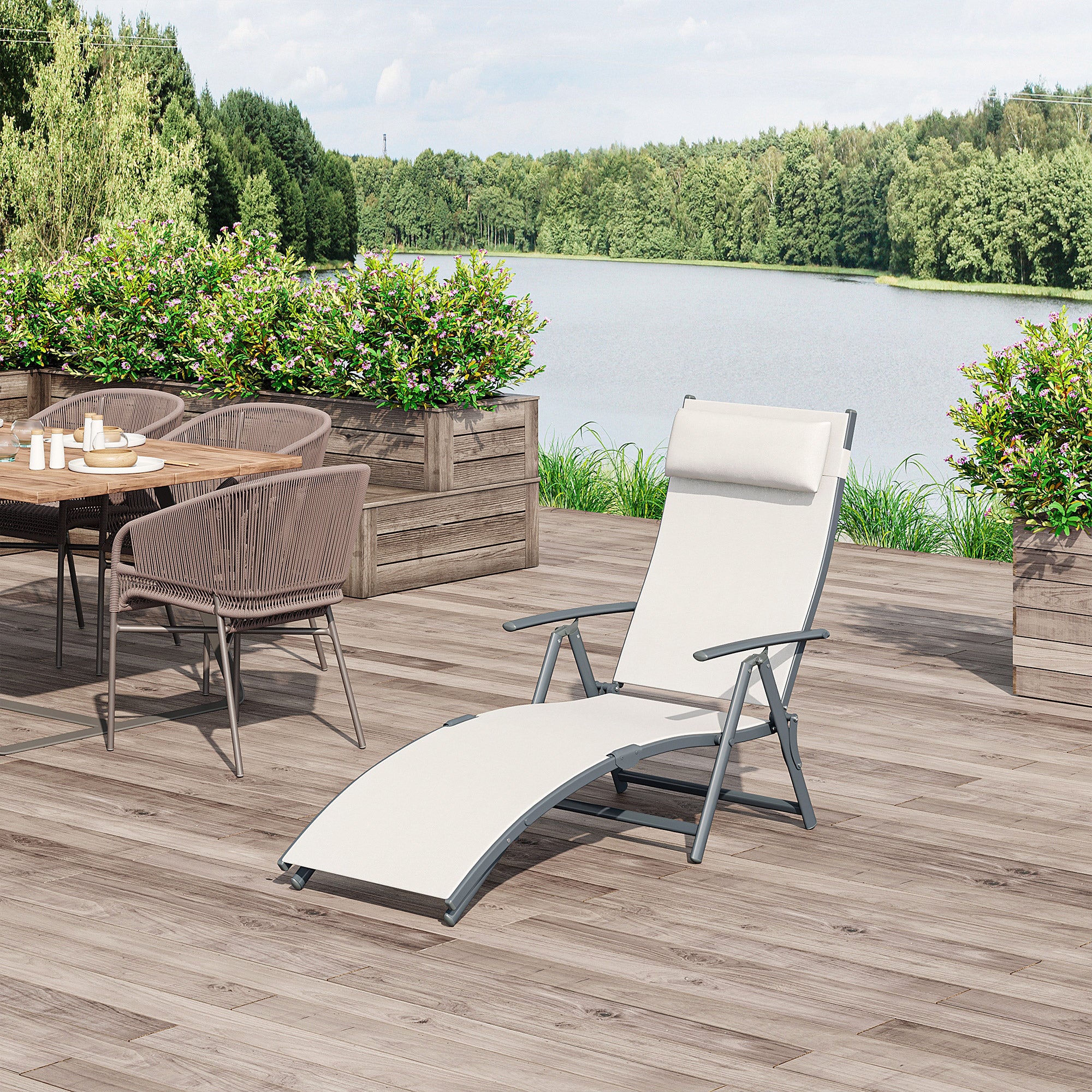 Outsunny Sun Lounger Steel Frame Outdoor Folding Chaise Texteline Lounge Chair Recliner with Headrest & 7 Levels Adjustable Backrest, Cream White 
