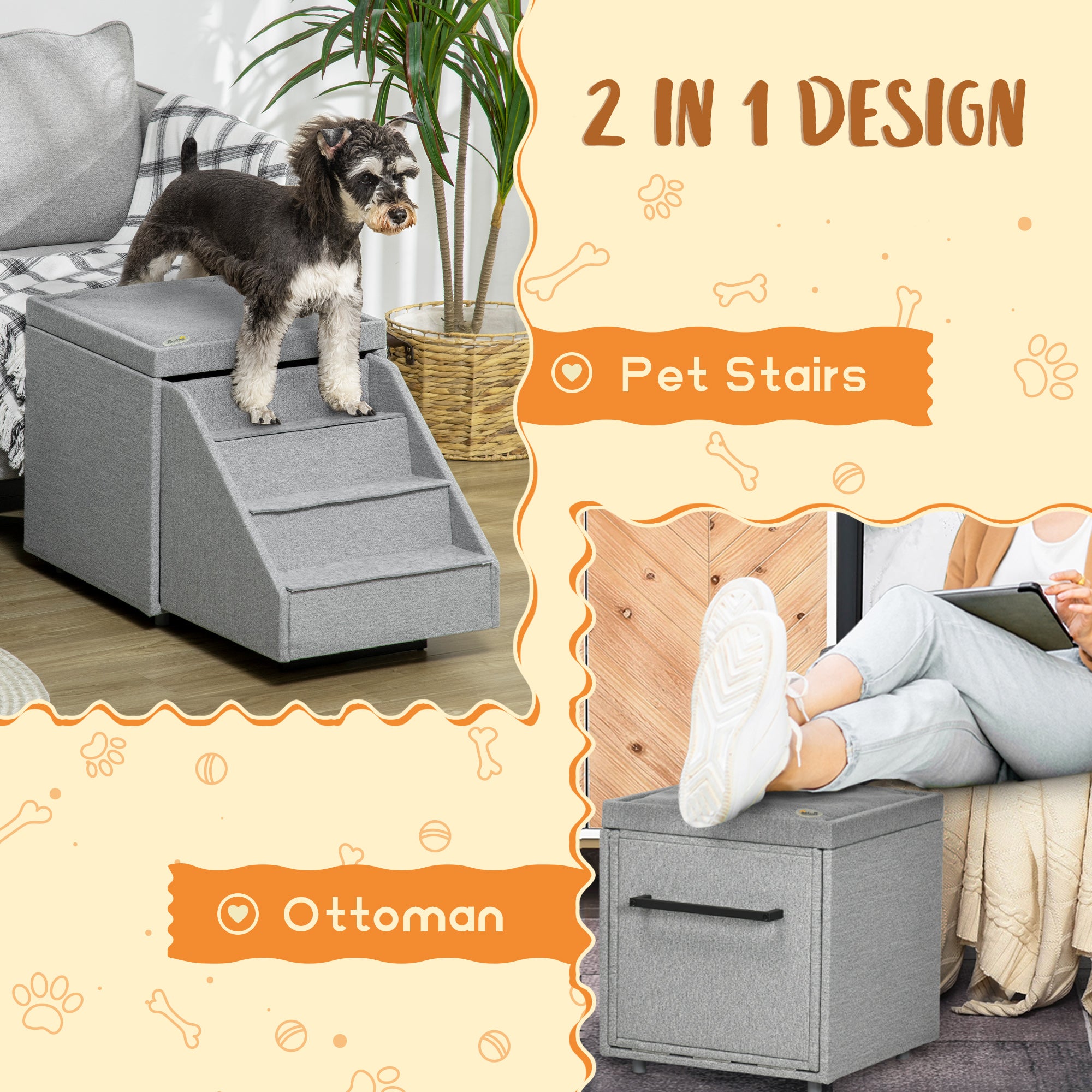 PawHut 2 in 1 Dog Steps Ottoman, Four-Tier Pet Stairs, for Small, Medium Dogs and Cats, with Storage Compartment - Grey 