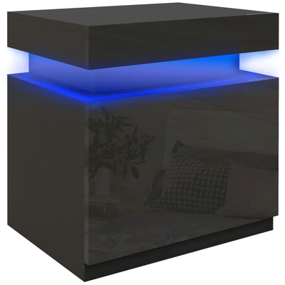 HOMCOM Black Bedside Table with LED Light, High Gloss Front Nightstand with 2 Drawers, for Living Room, Bedroom 