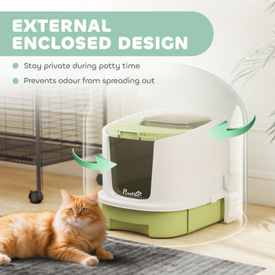 PawHut Cat Litter Box with Lid, Scoop, Deodorisation Bags, Top Entry, Green 