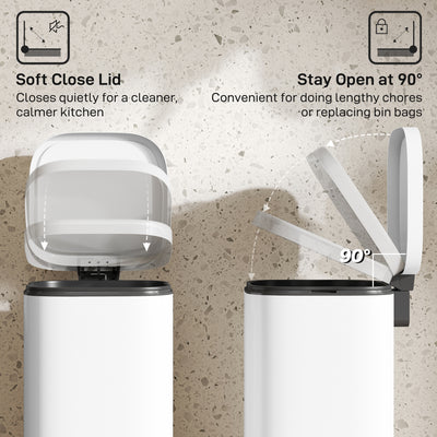 HOMCOM 30L Kitchen Bin, Compact Pedal Bin with Soft-Close and Stay-Open Lid, Removable Bucket for Kitchen, Home, Office, White 