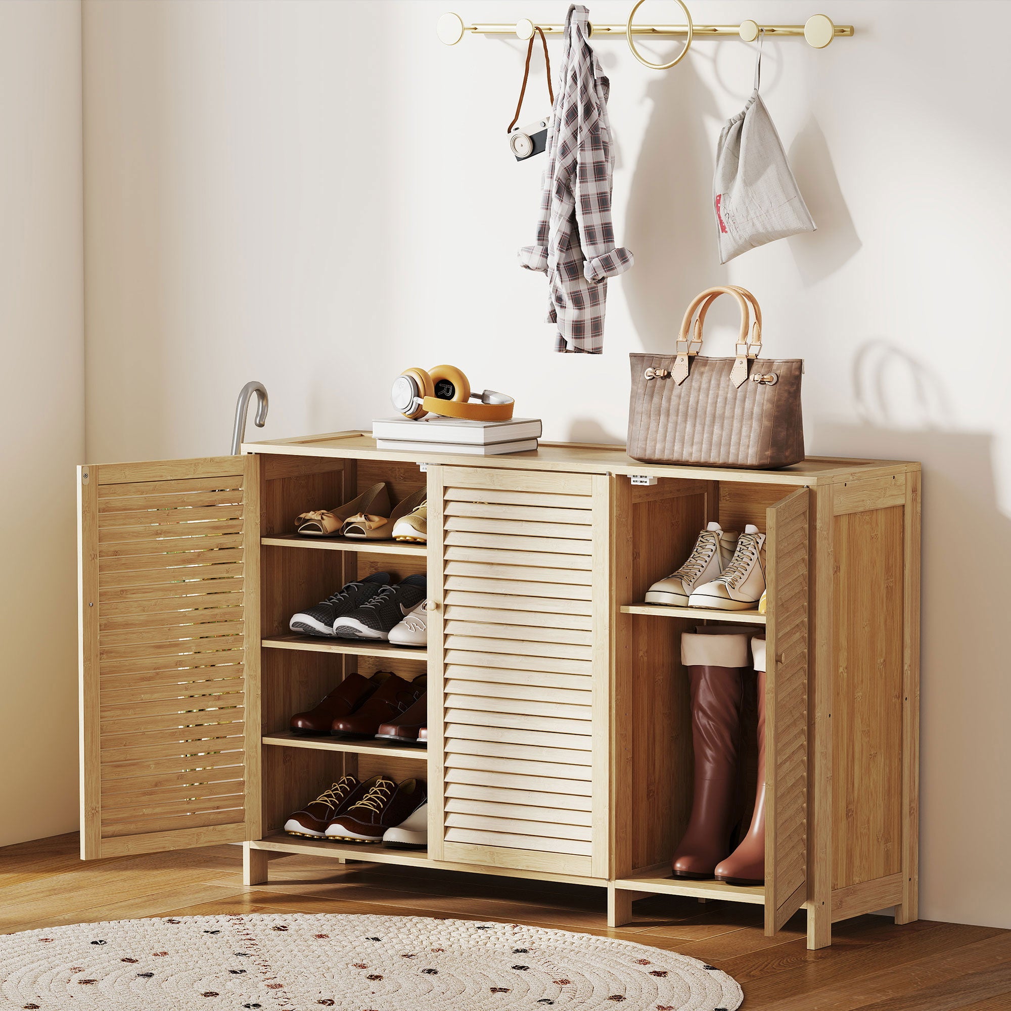 HOMCOM Bamboo Shoe Cabinet with Louvered Doors, 18 Pairs Shoe Storage Cabinet with Adjustable Shelves for Hallway, Natural 
