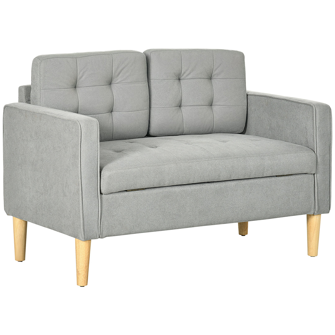 HOMCOM Modern 2 Seater Sofa with Hidden Storage, 117cm Tufted Cotton Couch with Wood Legs, Compact Loveseat for Living Room, Kitchen, Light Grey 