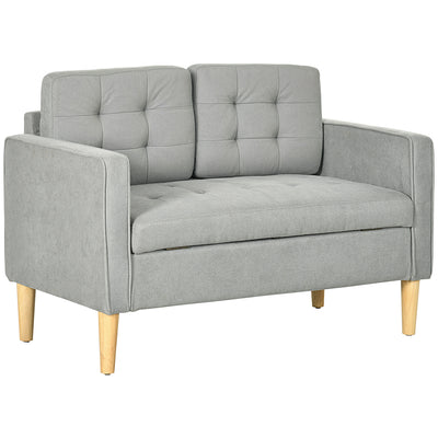 HOMCOM Modern 2 Seater Sofa with Hidden Storage, 117cm Tufted Cotton Couch with Wood Legs, Compact Loveseat for Living Room, Kitchen, Light Grey 