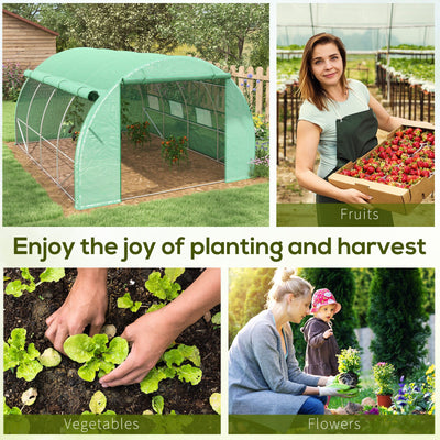 Outsunny Polytunnel Greenhouse Walk-in Grow House Tent with Roll-up Sidewalls, Zipped Door and 8 Windows, 4x3x2m Green 