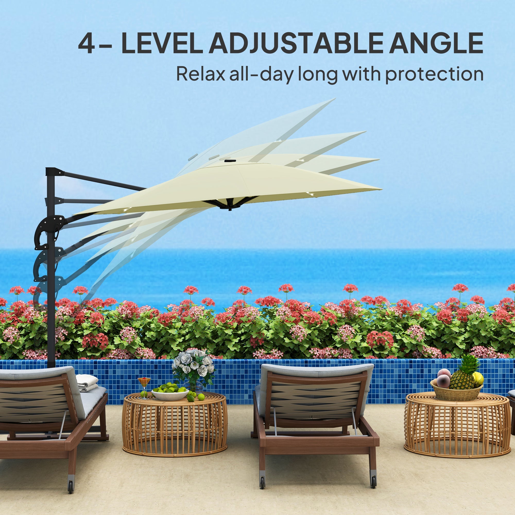 Outsunny 3(m) Cantilever Garden Parasol with Solar Powered Lights, Crank Handle & Cross Base, UPF 50+, 360° Rotation, Cream 