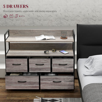 HOMCOM Rustic Chest of Five Fabric Drawers - Grey Wood Effect 