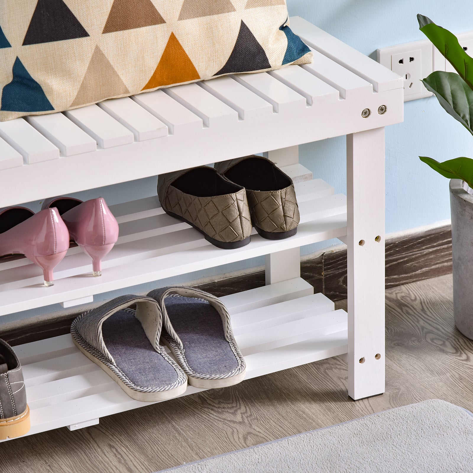 HOMCOM Shoe Bench, 3-Tier Wooden Shoe Rack with Hidden Storage Compartment, Slatted Shelves, Home Storage Unit, Hallway Furniture, White, 90L x 29W x45H cm 