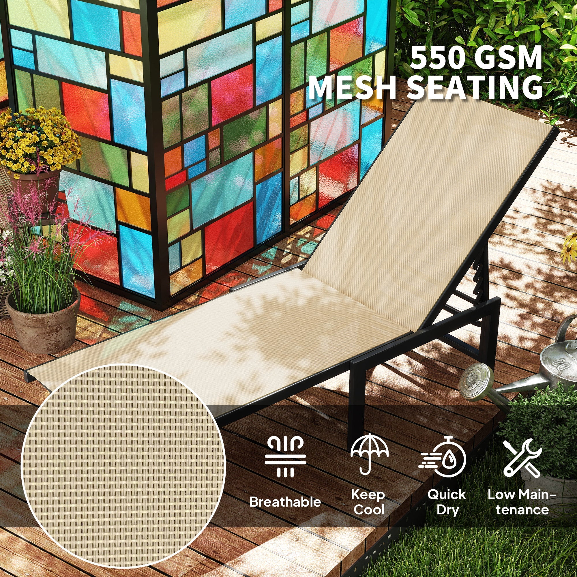 Outsunny Sun Lounger for Garden, 5-Level Adjustable Reclining Sun Lounger Chair, Flat Garden Lounger Sunbed with Texteline Seat, Steel Frame for Patio, Beach, Khaki 