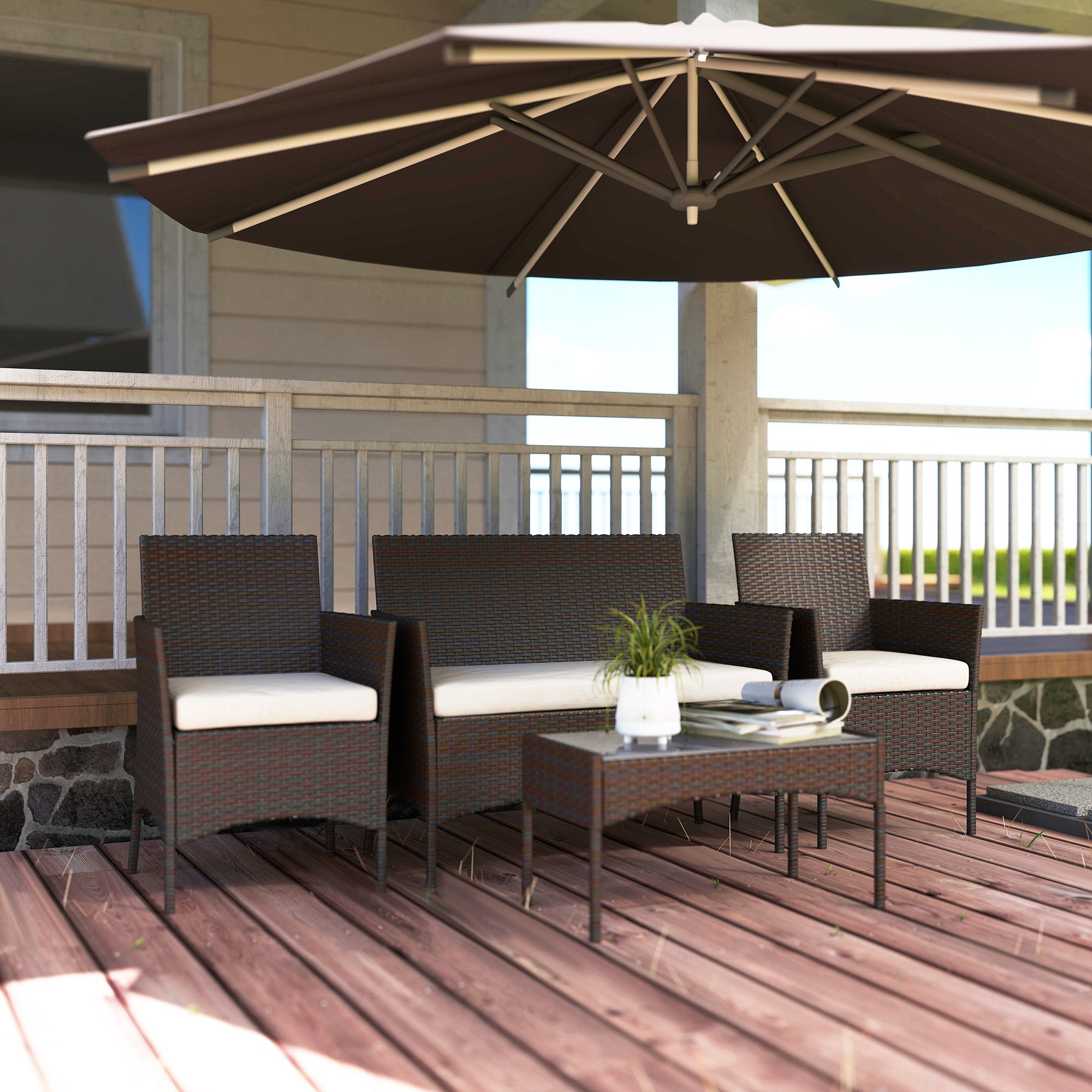 Outsunny 4 Piece Rattan Garden Furniture Sofa Set with Loveseat, Armchairs, Glass-Top Coffee Table and Cushions, Brown 