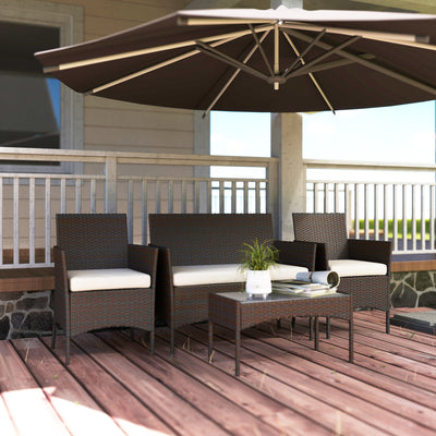 Outsunny 4 Piece Rattan Garden Furniture Sofa Set with Loveseat, Armchairs, Glass-Top Coffee Table and Cushions, Brown 