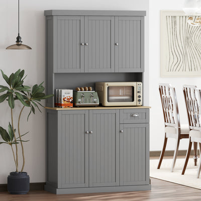HOMCOM 180cm Freestanding Kitchen Cabinet, Modern Storage Cupboard with Open Countertop, Drawer and 6 Doors, Grey 