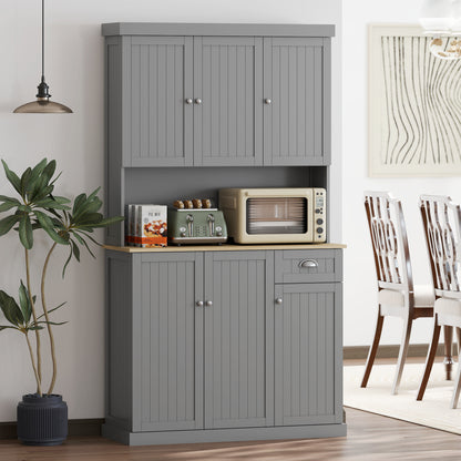HOMCOM 180cm Freestanding Kitchen Cabinet, Modern Storage Cupboard with Open Countertop, Drawer and 6 Doors, Grey
