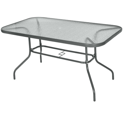 Outsunny Garden Dining Table Glass Top Metal Frame with Parasol Hole Outdoor Balcony Grey 140L x 80Wcm 