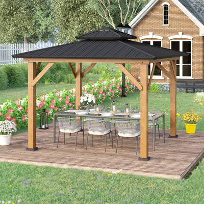 Outsunny 3.5 x 3.5m Outdoor Hardtop Gazebo Canopy with Two-tier Metal Roof and Solid Wood Frame Outdoor Patio Shelter for Patio, Garden, Grey 