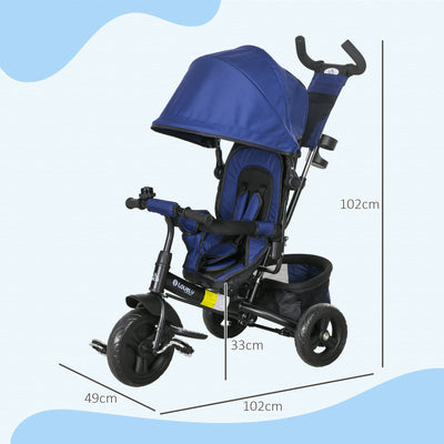 HOMCOM 6 in 1 Kids Trike Push Bike with Push Handle, Canopy, 5-point Safety Belt, Storage, Footrest, Brake, for 1-5 Years, Dark Blue 