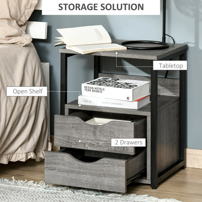 HOMCOM Industrial Side Table with Drawer, Sofa Table, Bedside Cabinet with Storage Shelf, Slim Nightstand for Living Room, Bedroom, Grey 