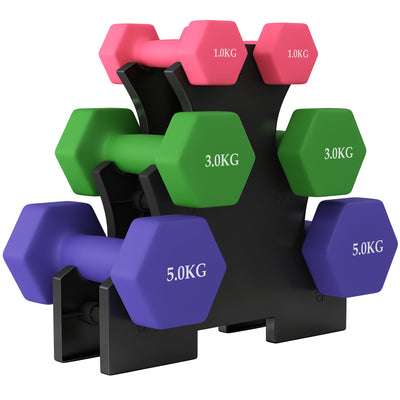 SPORTNOW Hex Dumbbells Set with Dumbbell Rack, Hand Weights for Strength Training Weight Lifting, 2 x 1kg, 2 x 3kg, 2 x 5kg 