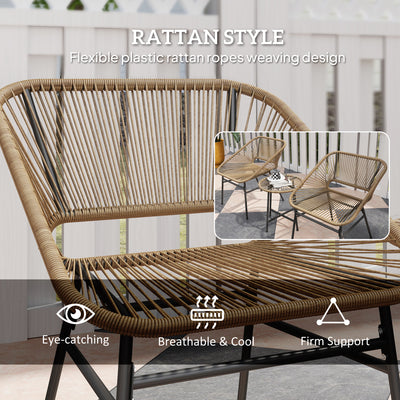 Outsunny 3 Pieces Rattan Bistro Set, Wicker Small Garden Table and Chairs Set with Cushions and Glass Top Coffee Table, Bistro Garden Furniture Set for Outdoor, Patio, Balcony, Natural 