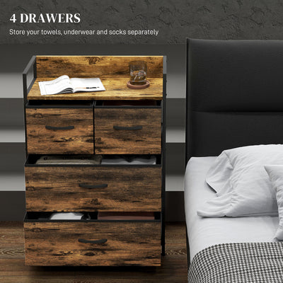 HOMCOM Rustic Chest of Four Fabric Drawers - Rustic Brown 