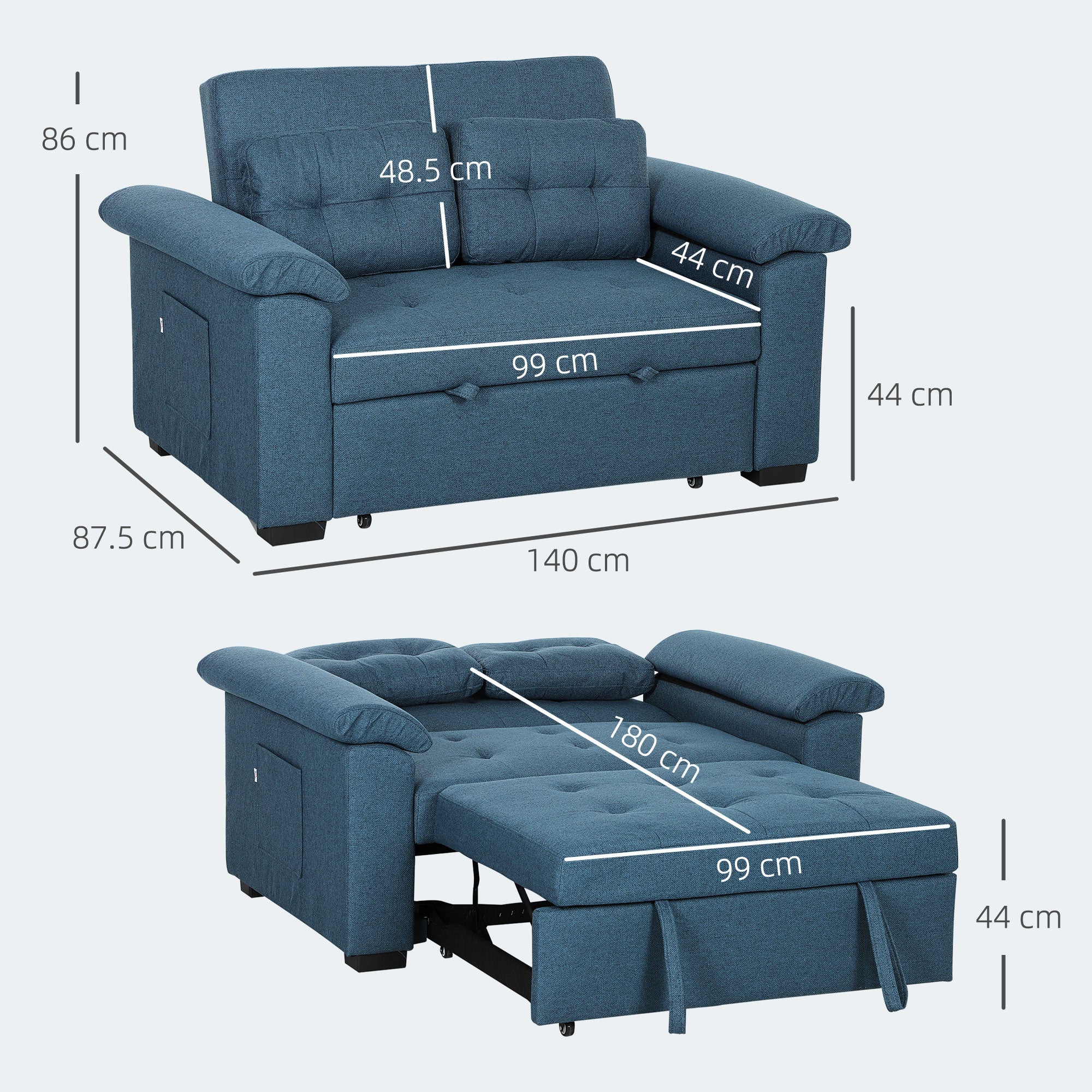 HOMCOM Pull Out Sofa Bed with 2 Pocket Springs, Fabric 2 Seater Click Clack Sofa Bed Settee, Convertible Sofa Couch with Pillows and Side Pockets for Living Room, Home Office, Blue 