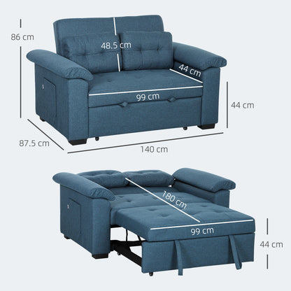 HOMCOM Pull Out Sofa Bed with 2 Pocket Springs, Fabric 2 Seater Click Clack Sofa Bed Settee, Convertible Sofa Couch with Pillows and Side Pockets for Living Room, Home Office, Blue 