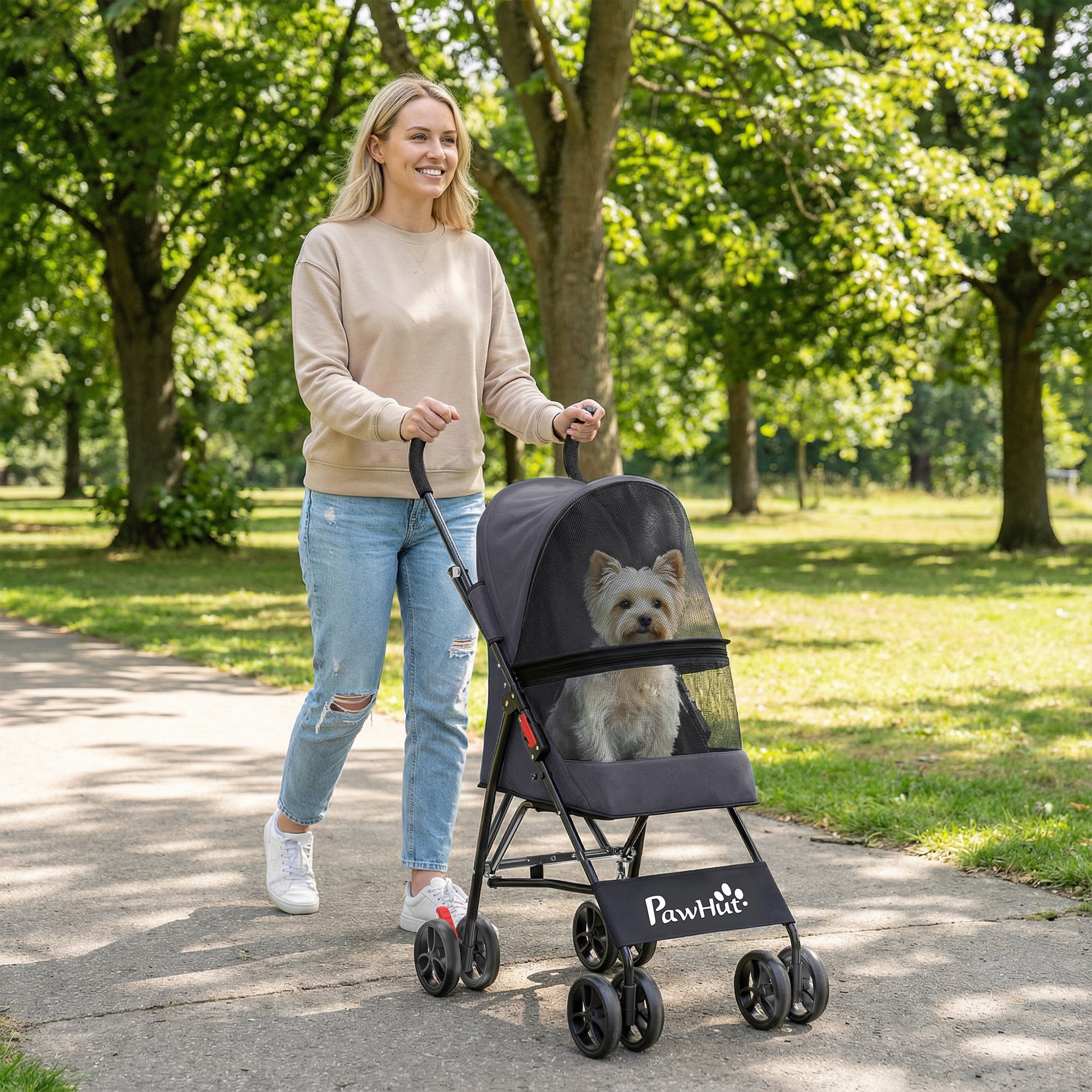 PawHut Dog Stroller, Foldable Cat Dog Pram for Miniature Breeds, Pet Stroller with Brake, Mesh Windows, Dark Grey 